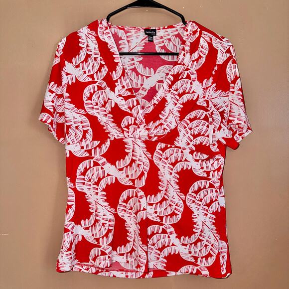 Rafaella Women's Short Sleeve Wrap Front Red White Floral Blouse Top Size Medium - Picture 1 of 9